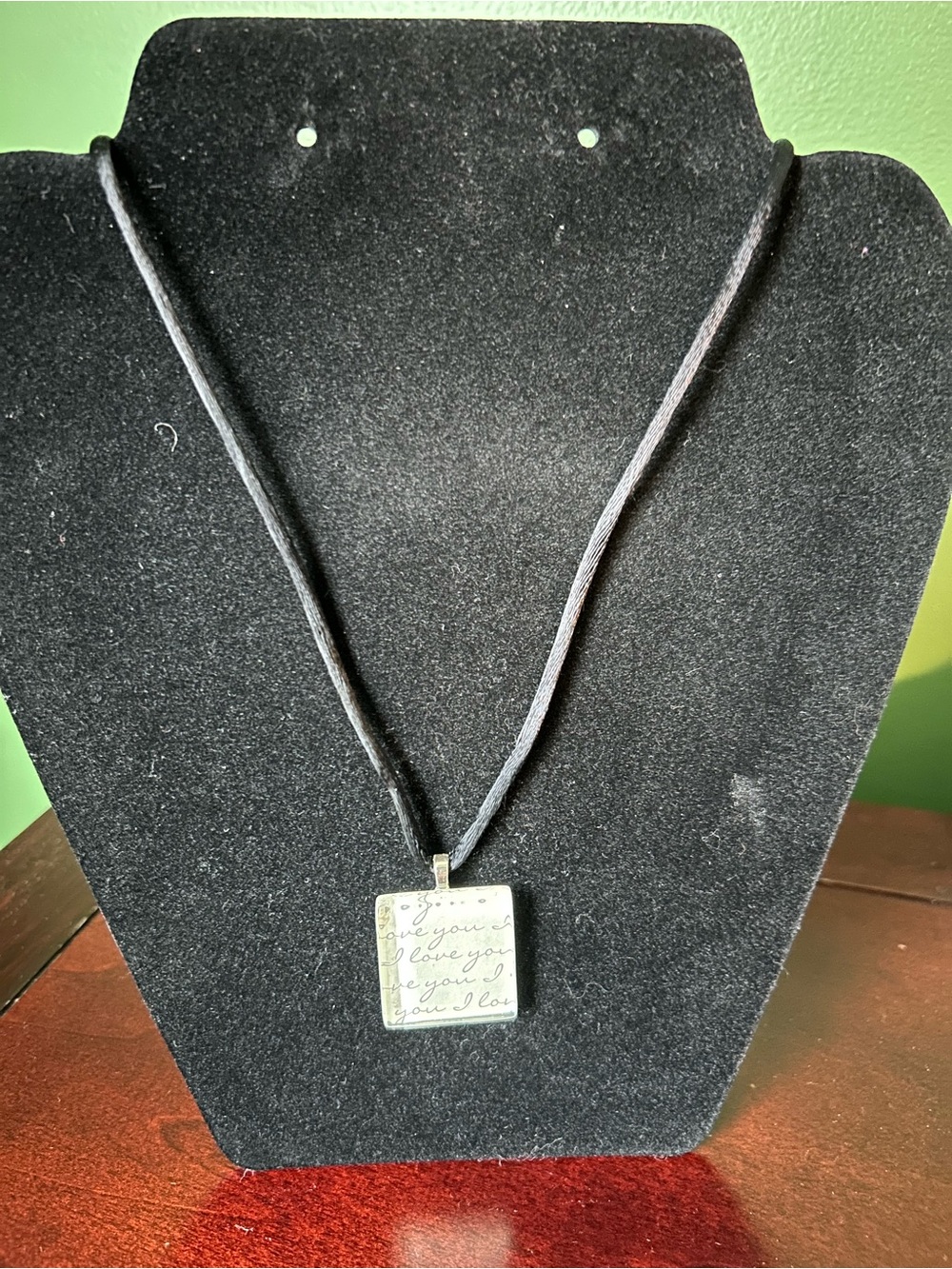 “I Love You” Script Square Glass Pendant Necklace on Black Cord Necklace